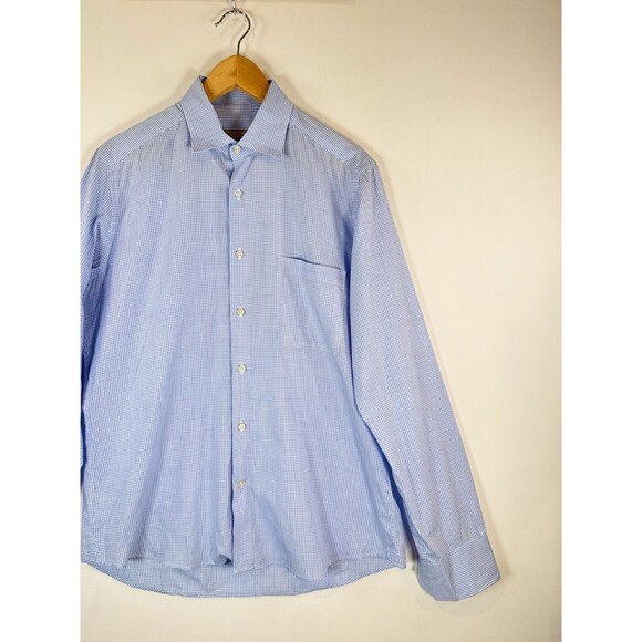 Ordean Mens Button Up Shirt Blue Plaid Oxford Long Sleeve Preppy Designer Medium - Picture 4 of 9